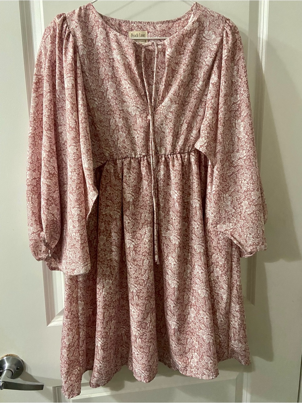 Peach Love California Dusty Pink Floral Tie-Front Long Sleeve Dress